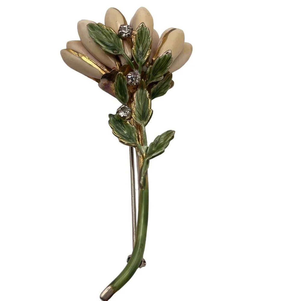 VINTAGE 1940S CREAM ENAMEL SANDOR CHRYSANTHEMUM FLOWER RHINESTONE BROOCH PIN‎